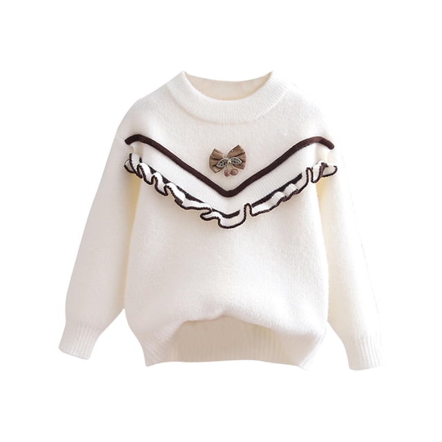 Chandail pour Bébé Fille Col Rond Manches Longues Imprimé Dessin Animé Tricot Automne Hiver Chandail en Molleton Beige