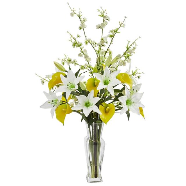 Nearly Natural 1776-YL Calla, Lily & Cherry Blossom Artificial Arrangement - Yellow