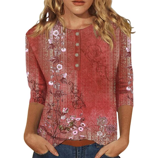 Bellella Hauts pour Femmes T-shirt Imprimé Floral Col Rond Tee Tunique Douce Manches 3/4 Blouse T-shirt Rouge m
