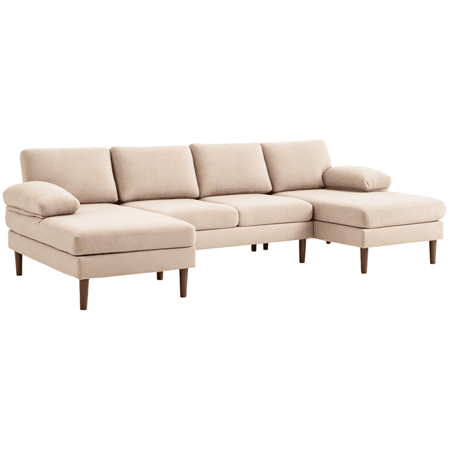 HOMCOM Canapé en Forme de U avec Double Chaise Longue pour Salon, Beige. un Grand Canapé Sectionnel en Forme de U Mesurant 112,2 Pouces de Large par 54,3 Pouces de Profond par 34,3 Pouces de Haut (285 x 138 x 87 cm), avec Doubles Chaises Longues Rembourrées en Tissu Beige Respirant Effet Lin. Comprend des Coussins de Dossier Épais, des Coussinets de Bras et des Coussins d'Assise Remplis de Mousse Haute Densité pour le Confort. Soutenu par un Cadre en Acier Robuste et des Pieds en Bois avec des Coussinets de Pieds en Feutre pour