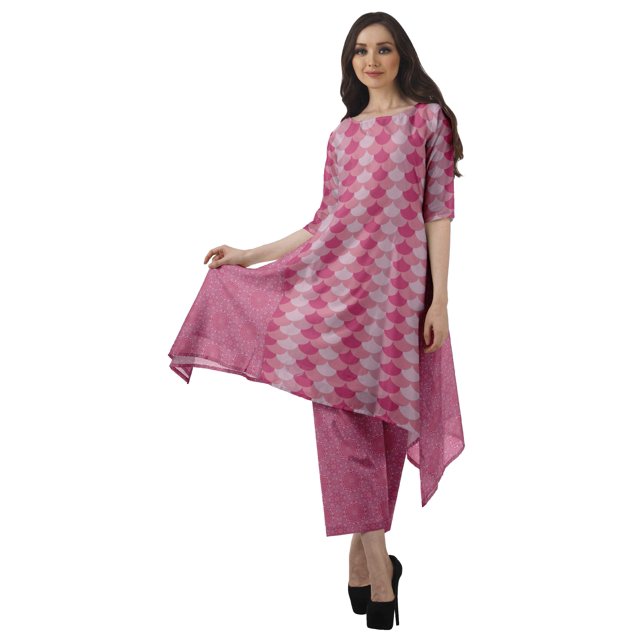 Moomaya Ensemble Kurti Kurta Pantalon pour Femmes Col Bateau Imprimé Robe 2 Pcs Tenue Ethnique