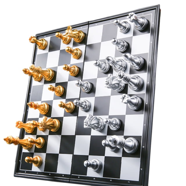 Exquisite Chess Game Medieval Chess Set with Chessboard featuring 32 magnetic chess pieces in gold and silver colors. The chessboard measures approximately 25 x 25 x 2 cm and is made of HIPS high-impact plastic. The set includes a folding chessboard that doubles as a storage box for the pieces, which are moderately magnetic to stay securely on the board without scratching its surface.