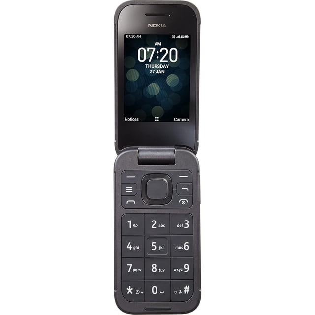 New Nokia 2720 Flip (2019) 4G LTE Dual SIM KaiOS Black Unlocked phone. The image shows a black flip phone with a 2.8-inch internal display showing the time and date, and a numeric keypad below. It supports 4G LTE connectivity, runs on KaiOS, and is ideal for basic communication and internet browsing.