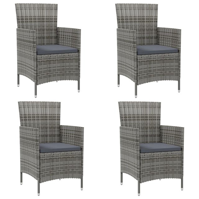 vidaXL Chaises de Jardin avec Coussins, Ensemble de 4, en Rotin poly Gris avec Coussins d'Assise Gris Foncé. Ces Chaises de Salle à Manger d'Extérieur Dotées d'Un Cadre en Acier Robuste Enduit de Poudre, d'Accentures en Bois d'Acacia Massif et de dimensions de 61 x 60 x 88 cm. Idéales pour les Installations de Meubles de patio, Elles Sont Durables, Faciles à Nettoyer et Nécessitent un Assemblage.