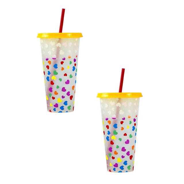Oleegame 2PC Glass Bottle Creative Water Cup Heart Shape Cup PP Plastic Straw Cup Heart Shape Plastic Transparent Straw Cup 710ml Cold Change Temperature Sensitive Plastic Cup