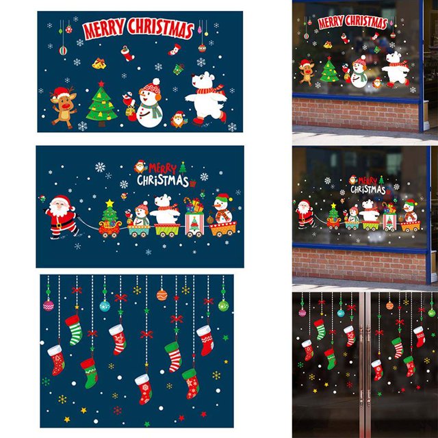 pitrice Christmas Wall Sticker Santa Claus Snowmen Wall Decal Waterproofing Window Shop Glass PVC Wall Tattoo