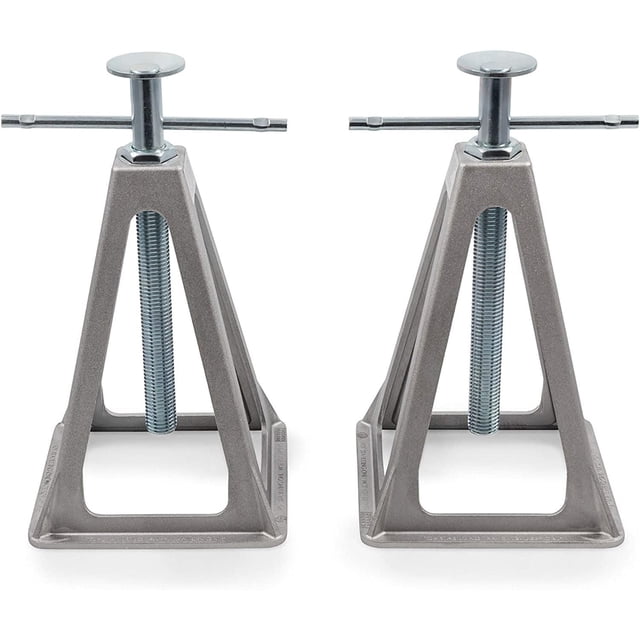 Camco Stabilizing Trailer Jack Stands, two cast aluminum triangular jack stands with threaded screws and crossbar handles, adjustable from 11 to 17 inches, supporting up to 6000 lbs for stable and level RV positioning, shown on a white background.