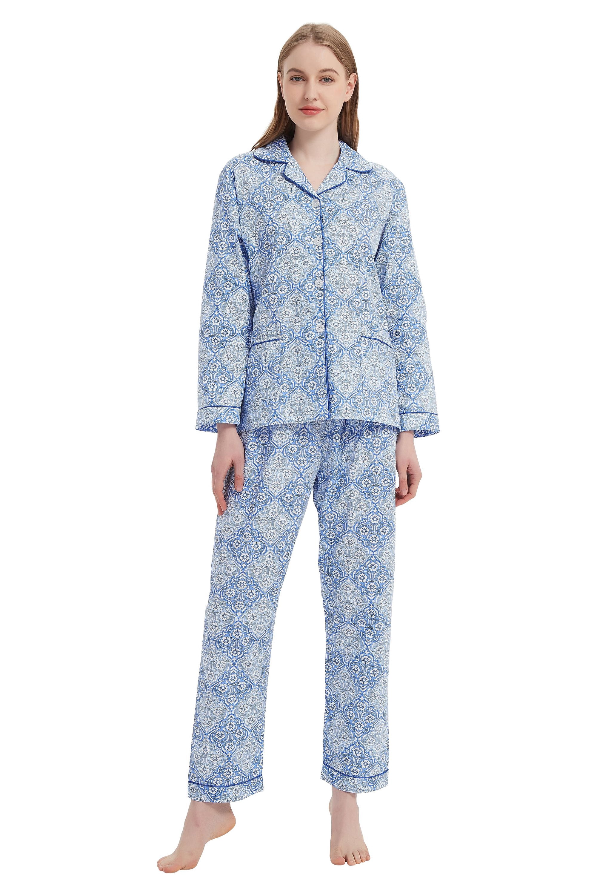 GLOBAL Womens 100% Cotton Pajamas Set Womens PJs Drawstring Sleepwear for Women,S-XXL