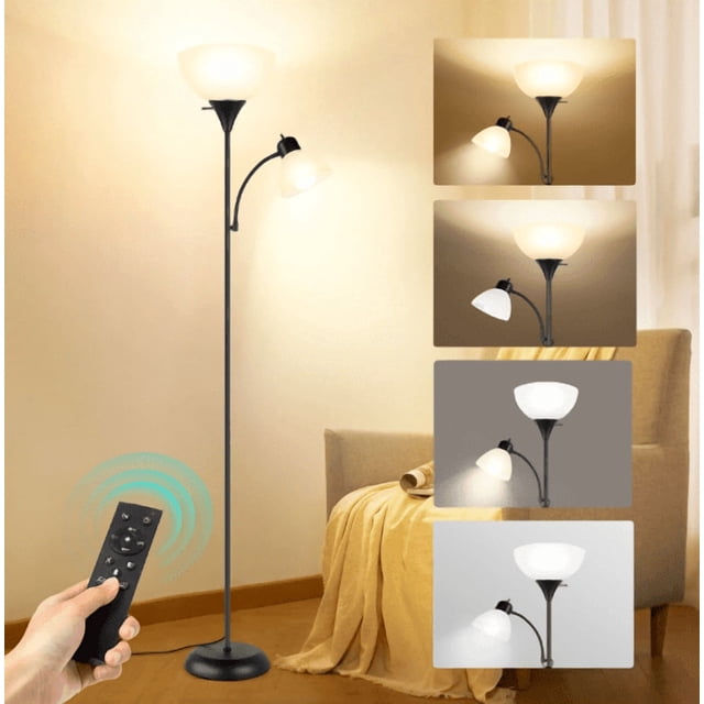 OUTON 71" Torchiere Floor Lamp with Reading Side Light, a black modern LED standing lamp designed for living rooms, bedrooms, or offices. It features a main torchiere light and an adjustable gooseneck reading light, both equipped with 9W LED bulbs offering three color temperatures (3000K, 4500K, 6000K). The acrylic lampshades ensure even light distribution and eye protection. A remote control is shown in use, emphasizing its energy-efficient and customizable lighting options.