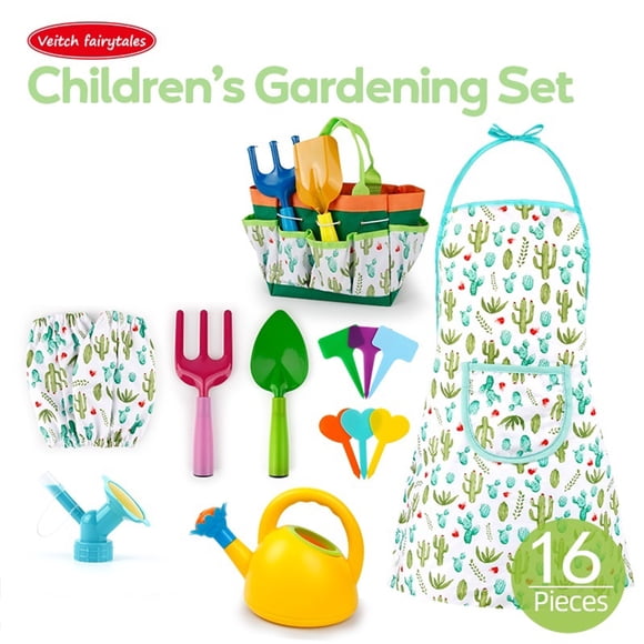 Neinkie 16Pcs/ Set Gardening Tool Set Practical Ability Grip Easily Kids Toys Watering Cans Shovels Aprons Gardening Tool Toy for Kids