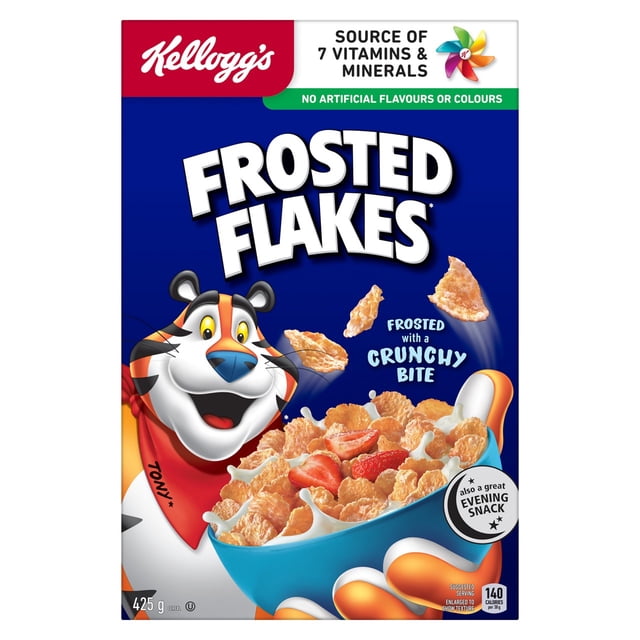 Kellogg's Frosted Flakes Cereal 425g box showing Tony the Tiger holding a blue bowl filled with frosted corn flakes and sliced strawberries, highlighting the cereal as a source of 7 vitamins and minerals with no artificial flavours or colours, offering a crunchy bite and suitable as an evening snack.