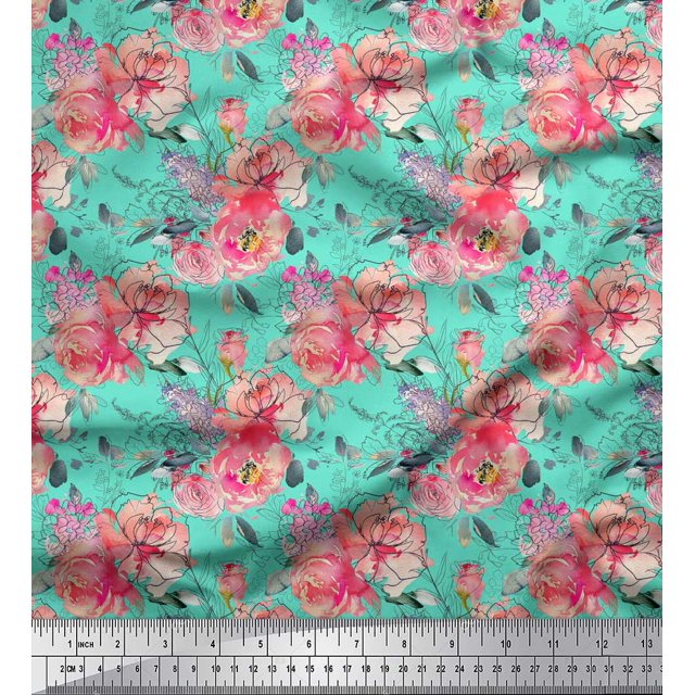 Soimoi Tissu Crêpe polyester Vert Imprimé Floral Ranunculus & Roses au Mètre 42 Pouces de Large