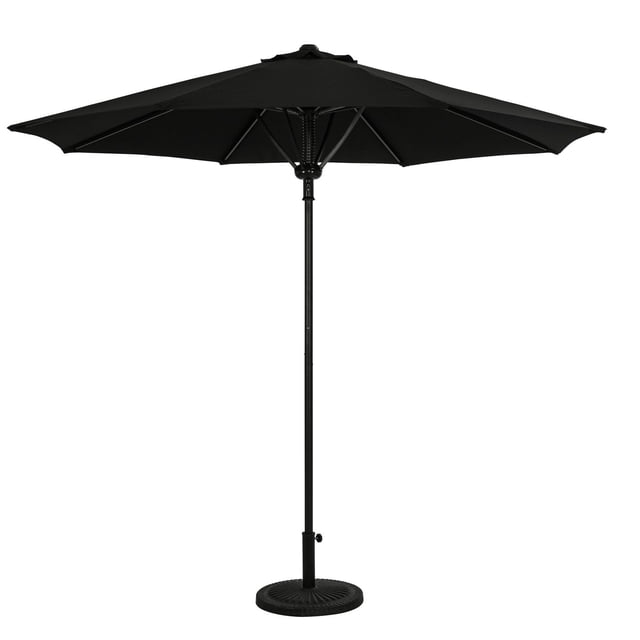 Cabo II 9-ft Spring-Up Octagon Market Umbrella in black with fade-resistant Breez-Tex canopy, 8-rib octagonal design, anodized aluminum pole with powder-coated finish, vented canopy for wind release, shown open on a round base, suitable for outdoor patio shade.