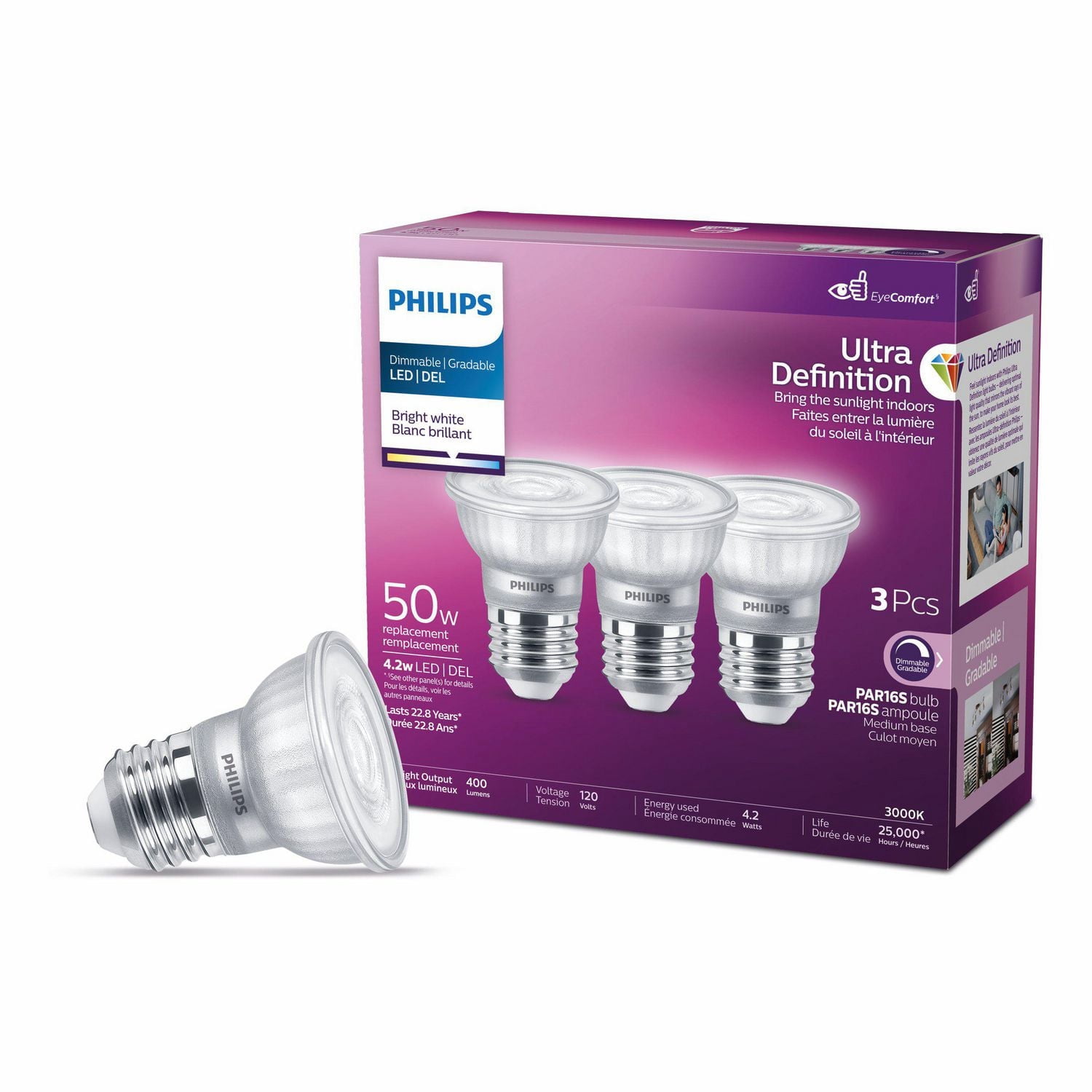 PHILIPS 4.4W 50W PAR16 Medium Base Ultra High Definition Bright White Dimmable LED Light Bulbs - 3 Pack