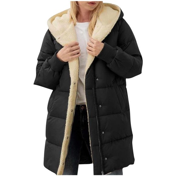 Jsaierl Winter Puffer Coat for Women Thicken Fleece Lined Down Jacket Long Sleeve Zip up Hooded Coats with Pockets