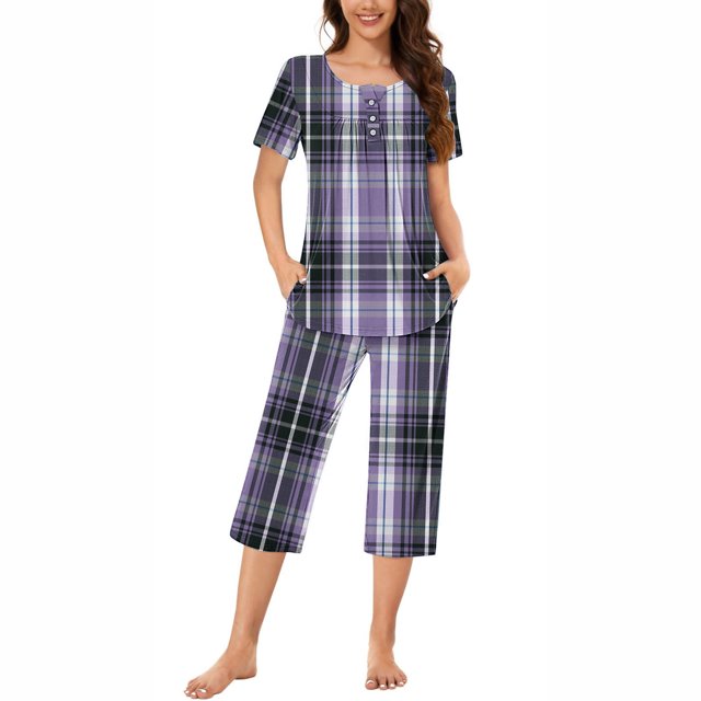 DPTALR Ensemble de Pyjama pour Femmes à Col Rond avec Imprimé à Carreaux, Manches Courtes, Chemise de Nuit et Pantalon avec Poches