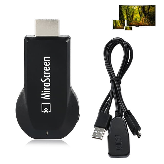 Mirascreen TV Dongle OTA TV Stick 1080p Wireless Wifi Display Receiver Miracast Airplay Android Apple TV Anycast for iOS and Android. The image shows a compact black wireless display receiver with an HDMI connector and the Mirascreen logo on the front. Included is a USB cable with a Wi-Fi module for connectivity. Designed for screen mirroring and wireless streaming, it supports 1080p HDMI output, Airplay, Miracast, and DLNA for seamless connection with iOS and Android devices. The background features a TV screen displaying a nature scene, showcasing the device's ability to project content onto larger screens.