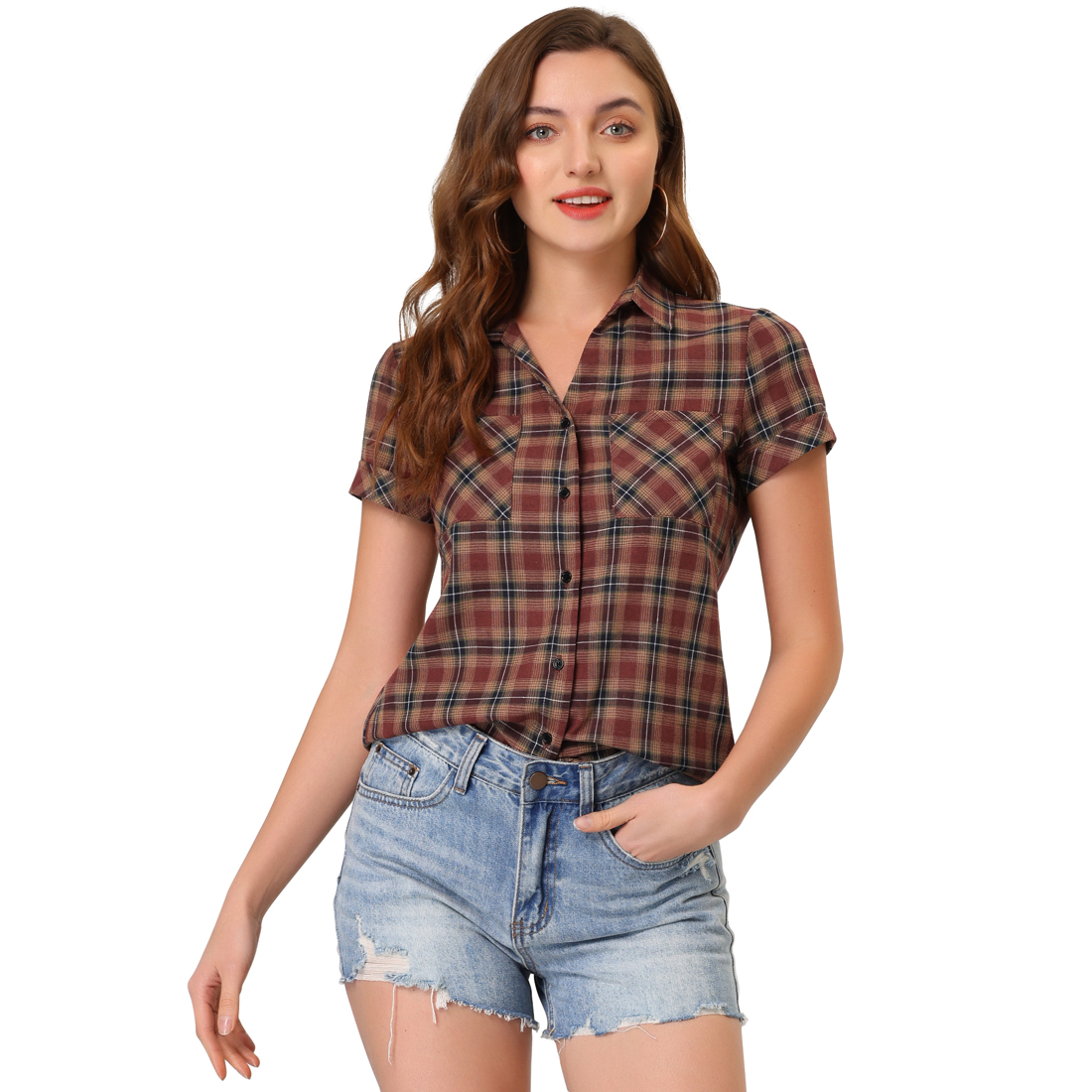 INSPIRE CHIC Chemises à Carreaux pour Femmes Col en Pointe Chemisiers Boutonnés Rouge Jaune m
