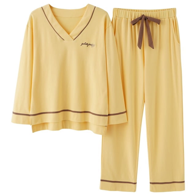 REDHOTYPE Nouveaux Pyjamas en Coton Doux pour Femmes 2 Pcs Grande Taille 3TG Simple Manches Longues Décontracté