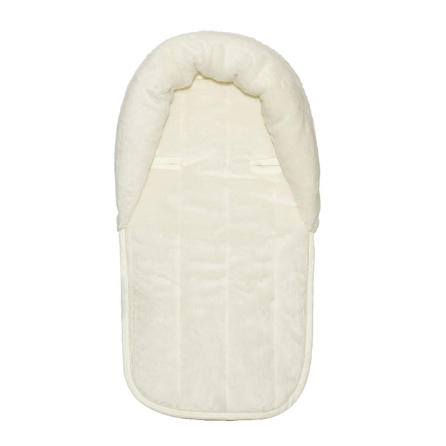 Jolly Jumper Preemie/Newborn Head Hugger in cream, a plush infant car seat and stroller insert providing gentle head and neck support with a snug fit, featuring padded cushioning and harness strap slots, displayed flat on a white background.