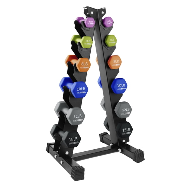 HolaHatha 3, 5, 8, 10, 12 & 15 Pound Neoprene Dumbbell Weight Set with Rack featuring six pairs of multicoloured dumbbells organized on a sturdy black storage rack. Ideal for strength training and home gym setups, each dumbbell has a hexagonal design and neoprene coating for a secure grip and stability during workouts.