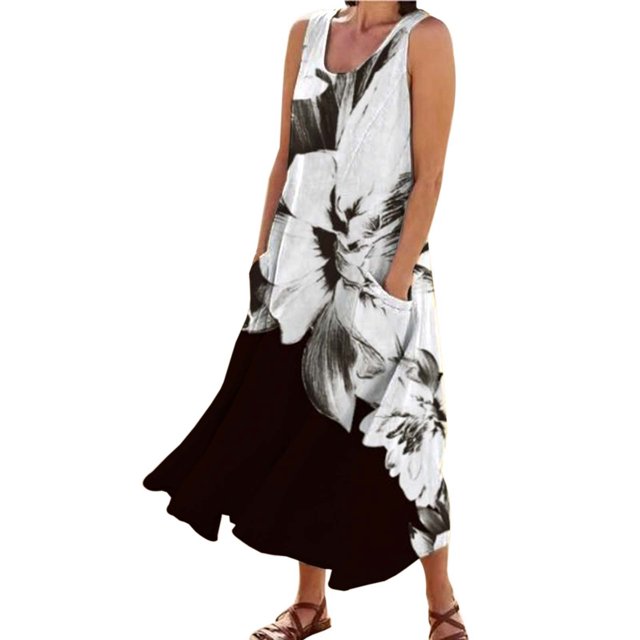 TJAZFJPA Robe à Col en V pour Femmes Mode pour Femmes Col Rond Décontractée Imprimé Pissenlit 3D Sans Poignets Poche Longue Robe Débardeur Robe Décontractée Robe Chien Robe de Soirée Robes Femmes