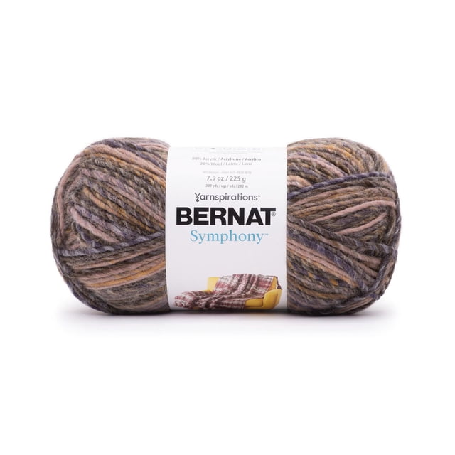 Bernat Symphony #5 Bulky Blend Yarn 7.9oz/225g 309 yards in variegated muted purple, brown, and gray tones, shown as a front-facing skein with a white label featuring the Bernat logo and a knitted blanket image, made of 80% acrylic and 20% wool, machine washable and tumble dry low, ideal for bulky knitting, crochet, and multi-texture projects.