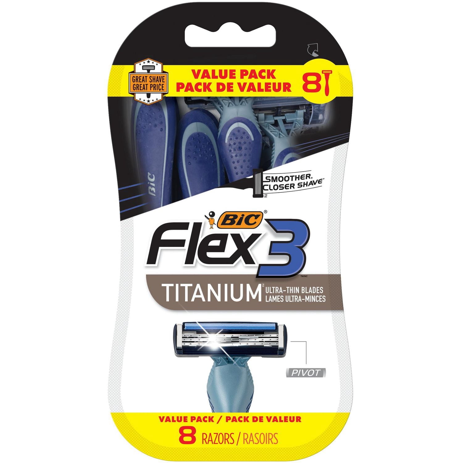 Rasoirs jetables pour hommes BIC Flex 3 Titanium, des rasoirs parfaits pour un rasage lisse et confortable, rasoirs 3 lames, paquet de 8.