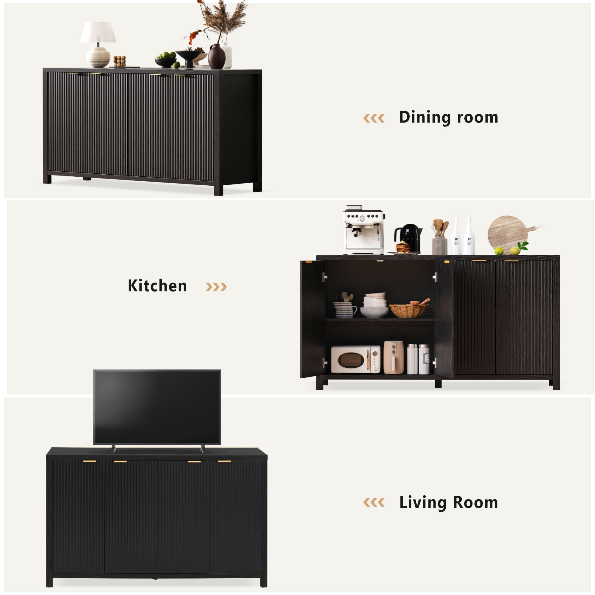 Noble House 55" Fluted Buffet Cabinet,4-Door Farmhouse Accent Storage with Adjustable Shelves for Dining Room,Black