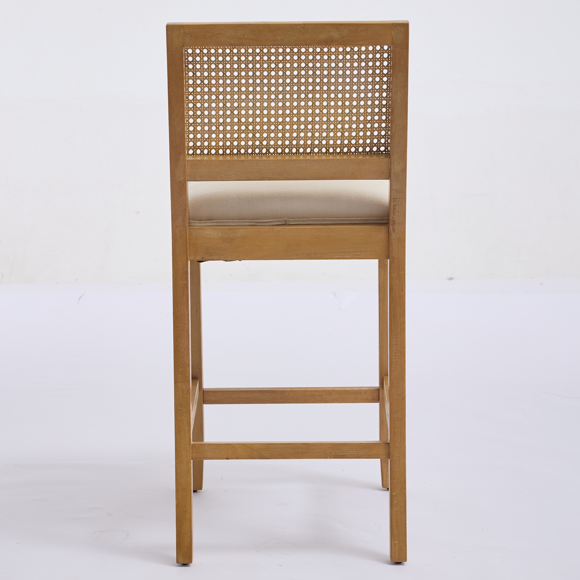 Noble House Full Solid Wood Rattan-Back Bar Stool Set of 2,Matte Linen Cushion with High-Resilience Foam & S-Springs,Beige