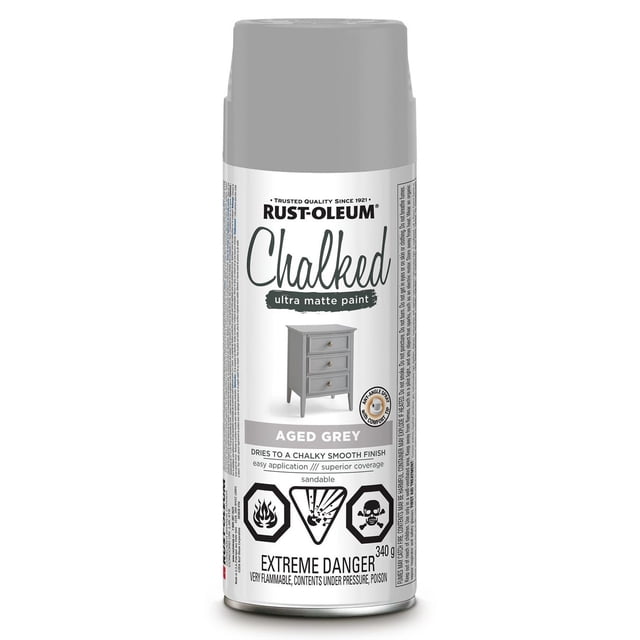 Rust-Oleum Specialty Chalked Ultra Matte Paint spray can in aged grey with label showing a small dresser, emphasizing ultra matte finish, easy application, superior coverage, sandable formula, and safety warnings for flammability and poison, 340 g.