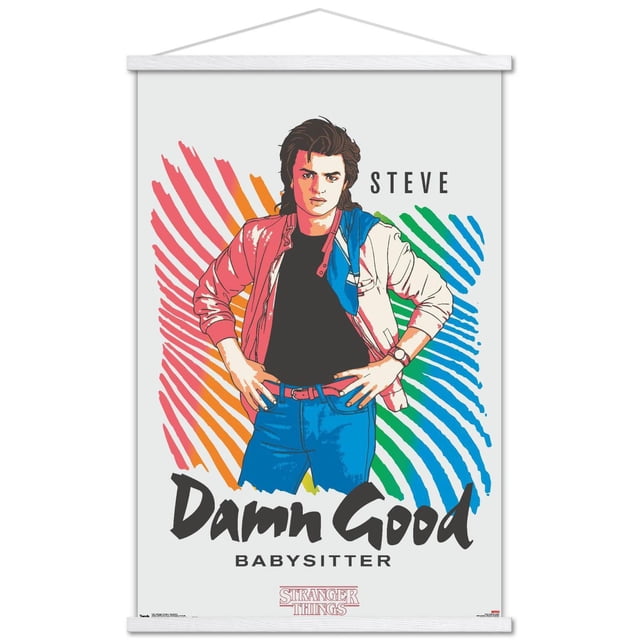 Netflix Stranger Things : Saison 2 - Affiche Murale de la Gardienne, 14,725 Po x 22,375 Po Représentant Steve avec une Veste Rouge, une Chemise Noire et des jeans Bleus avec une Serviette Bleue par-Dessus l'Épaule, Debout avec les Mains sur les Hanches sur un Fond d'Empreintes Multicolores, Présentant le Texte « Putain de Bonne Gardienne » et le logo Stranger Things, Idéal pour l'Art Mural de Chambre Ou de Dortoir.