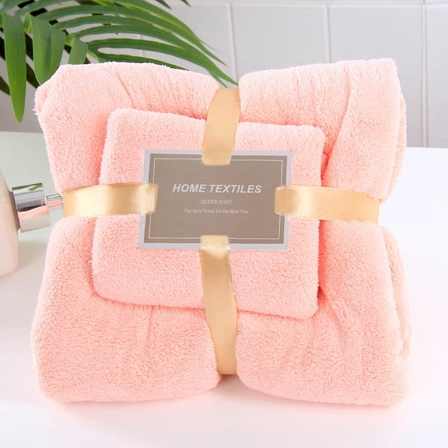 TopLLC Cotton 2 In 1 Bath Towel And Face Towel Soft-Bath Towels Set OF 2pc, perfect for bathroom accessories and home essentials. Includes a wearable bath towel and face towel made of soft microfiber material with strong water absorption. The pastel pink bath towel measures 73cm x 140cm, and the face towel measures 35cm x 75cm, tied with a decorative ribbon.