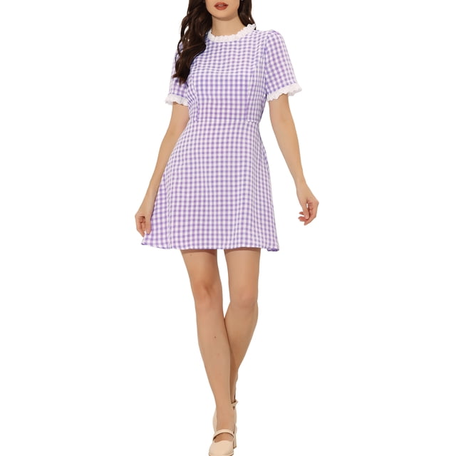 INSPIRE CHIC Robe Vintage à Manches Courtes, Col à Volants et Empiècements Contrastés, Taille TG, Violette,.