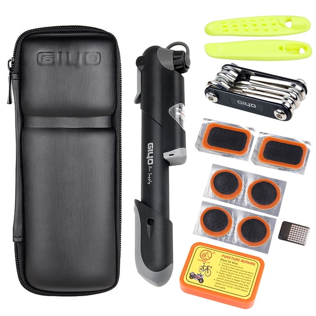Kit de Réparation de Vélo Kit d'Outils de Réparation de Vélo Portable Boîte Kit de Fixation de Pneus Sac avec Pneu, Incluant une Boîte en Tissu Oxford Noir durable, une Pompe à air Compacte avec Compatibilité à Double valve et Manomètre, une Trousse d'Outils Multifonctionnelle Pliable 10-en-1, six Patchs de Pneu Collés, une Râpe Métallique et Deux Bâtons de Levage de Pneus. Idéal pour les Urgences de Cyclisme en Plein air, Il s'Insère dans une cage de Bouteille d'Eau standard pour une Portabilité Facile.