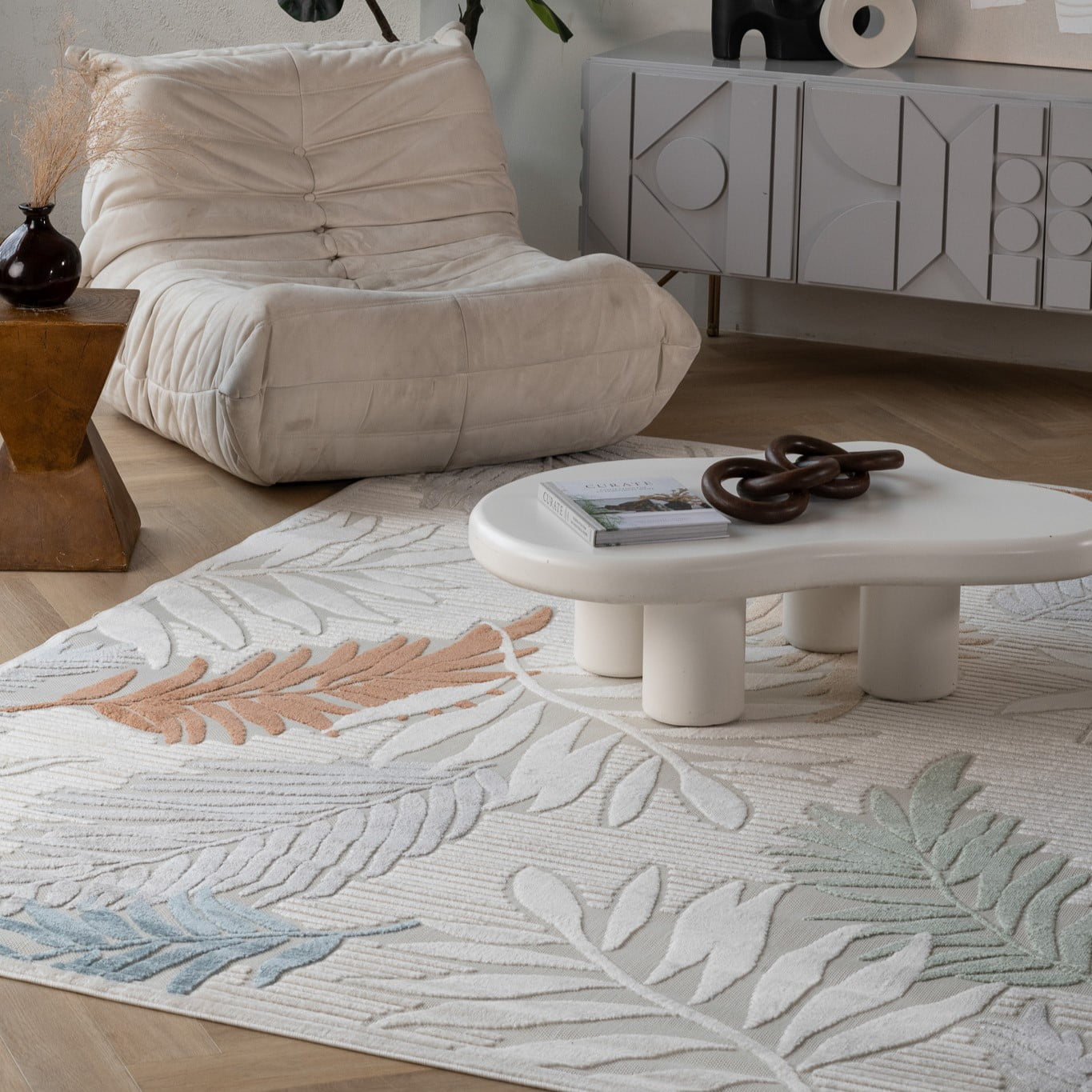 Tapis d'interieur/exterieur abstrait Rug Branch Alfombra, beige creme, motif floral - Salon, chambre, salle a manger et cuisine