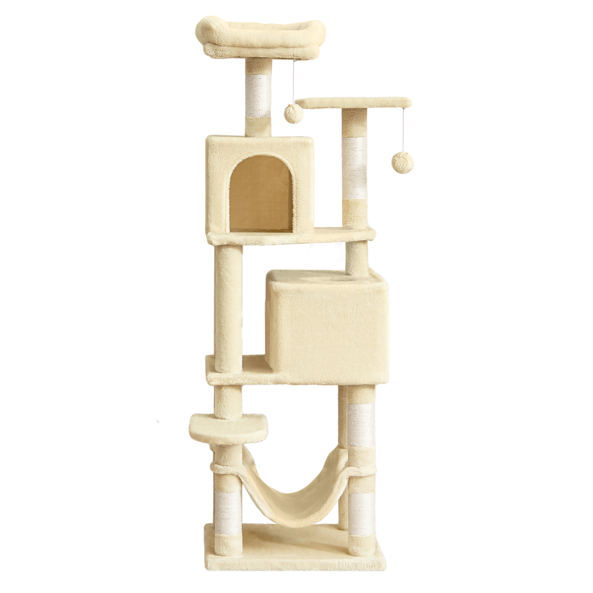 Multi-Level Cat Condo, 150 cm Cat Tower with Hammock, Scratching Posts, Perches, Cave, for Indoor Cats, Beige