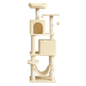 Condo Cat multi-niveaux, 150 cm Tour de chat avec hammam, poteaux de Scratching, Perches, Grotte, pour les chats intérieurs, Beige
