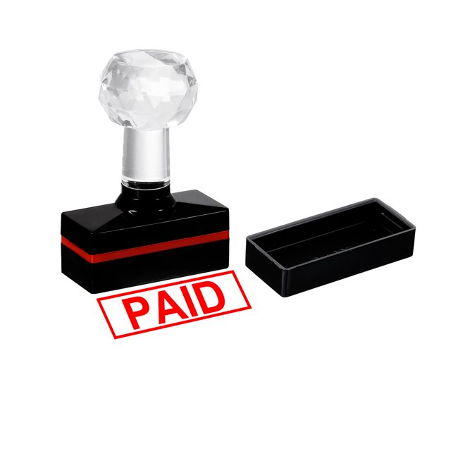 Uxcell black plastic self-inking stamp with red ink, featuring a 'PAID' message. The stamp has a crystal-like handle, a compact design measuring 1.8 x 0.8 x 2.5 inches, and a red stripe accent on the base. Includes a removable cover for protection. Ideal for office tasks, document approvals, and crafting.