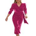 thumbnail image 2 of Robe Midi en Velours pour Femmes Couleur Unie Col en V à Nouer Manches Longues Robe de Soirée, 2 of 5