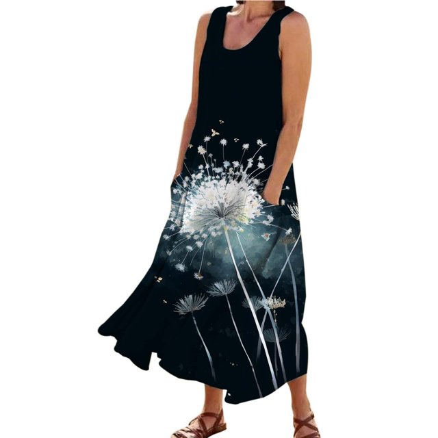 TJAZFJPA Longues Robes de Soirée pour Femmes Mode pour Femmes Col Rond Décontracté Imprimé Pissenlit 3D Sans Poignets Poche Longue Robe Débardeur Robe Décontractée Robes Élégantes pour Femmes Robe de Soirée Robe pour Camoufler le Ventre