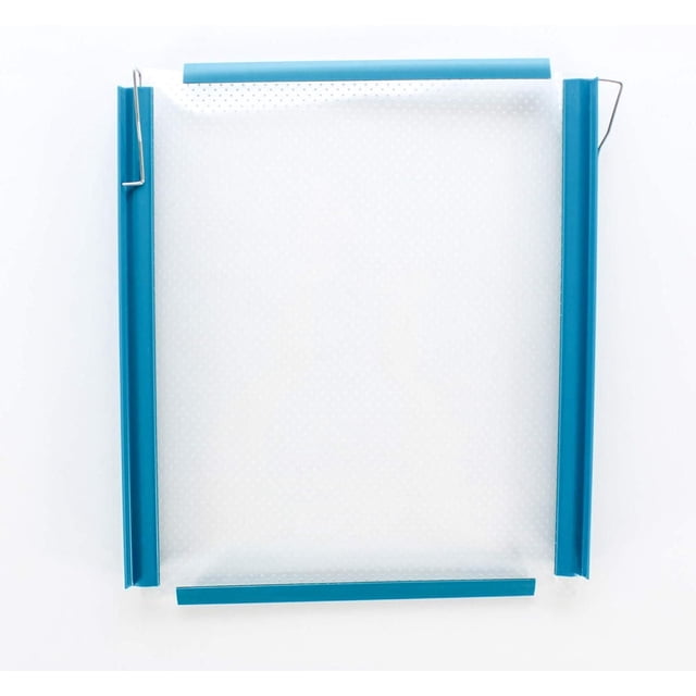 Penn Plax Tank Divider Medium featuring a clear perforated polymer screen framed by blue plastic edges and secured with metal clips, designed for aquariums up to 55 gallons to separate fish while allowing water circulation and filtration.