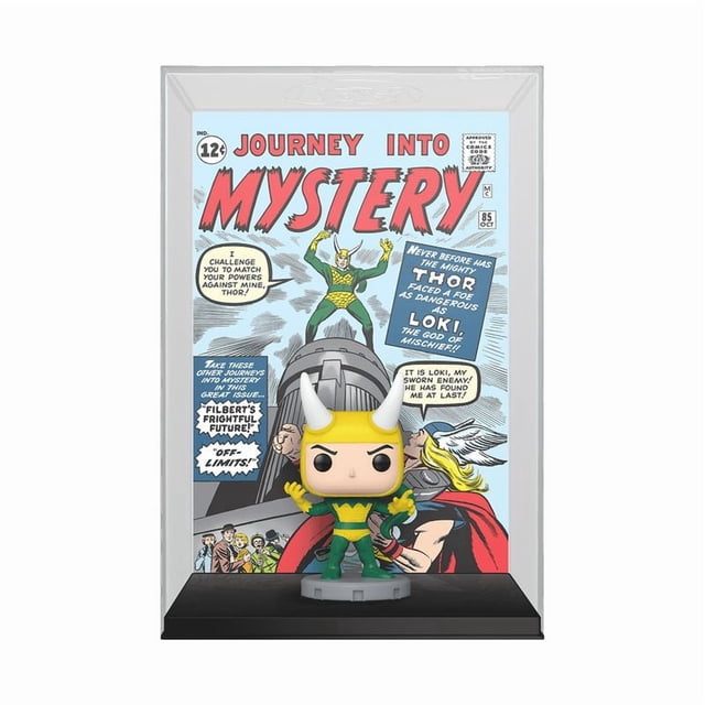 Funko Pop! Marvel - Comic Cover Loki Vinyl Figure (Walmart Exclusive) displayed in a clear protective case with a backdrop of Journey Into Mystery #85 comic cover art. The 4.95-inch vinyl bobblehead shows Loki in green and yellow costume with white horns, standing on a grey base in front of Thor and comic text bubbles, suitable for Marvel action figure collections.