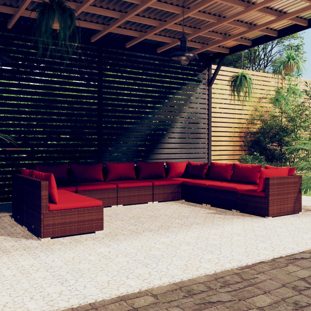vidaXL 10 Piece Garden Lounge Set with Cushions Brown Poly Rattan