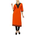 thumbnail image 3 of Bimba kurti pour Femmes en Coton à Manches 3/4, Motif Uni, avec Empiècement Contrastant, 3 of 9