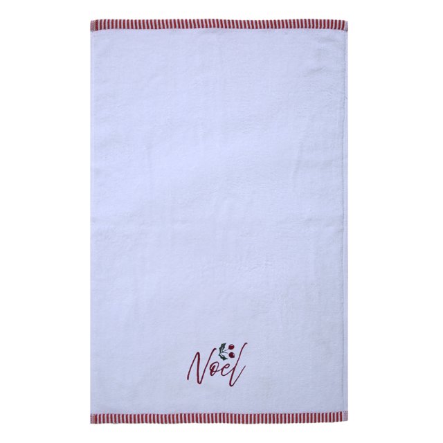 Holiday Time Noel Embroidery Hand Towels, 2-Pack, white 100% cotton towels with red striped trim and red 'Noël' embroidery featuring holly leaves and berries, measuring 16 by 26 inches, soft and absorbent for bathroom or kitchen use, also suitable for seasonal gift giving.