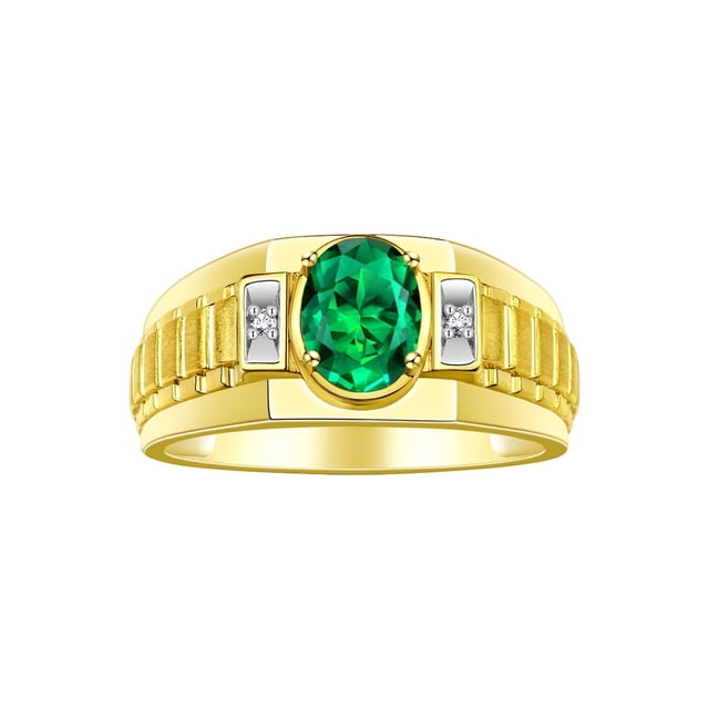 RYLOS Men's Rings 14K Yellow Gold Ring Classic Designer Style 8X6MM Oval Gemstone & Diamond Ring Emerald May Birthstone Rings For Men Size 12