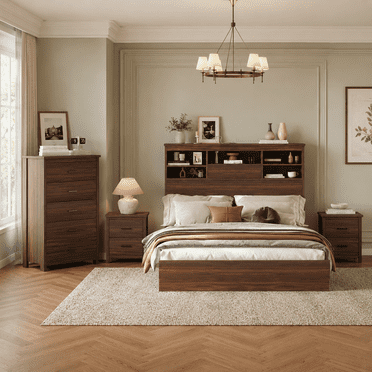 Ensemble de chambre à coucher complète 4 pièces grand lit Homy Casa, cadre de lit avec tête de lit rechargeable, 2 tables de chevet, commode à 5 tiroirs, fini noyer