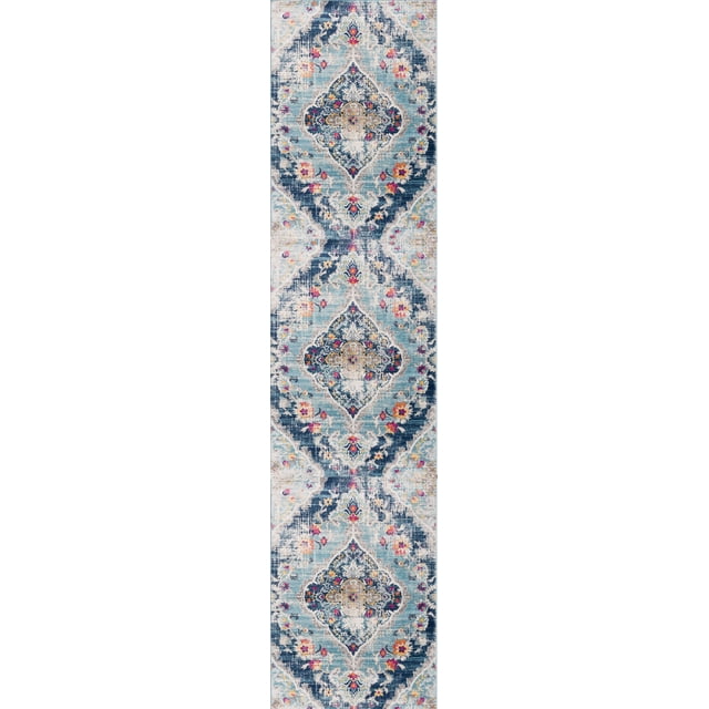 Rug Branch Savannah 2' x 16' (Exact Size: 2'3" x 16") Boho indoor runner rug in blue grey featuring large navy and light blue medallions with floral and geometric accents in yellow and pink on a soft, stain-resistant polypropylene medium cut pile, suitable for high-traffic areas like entryways and hallways.