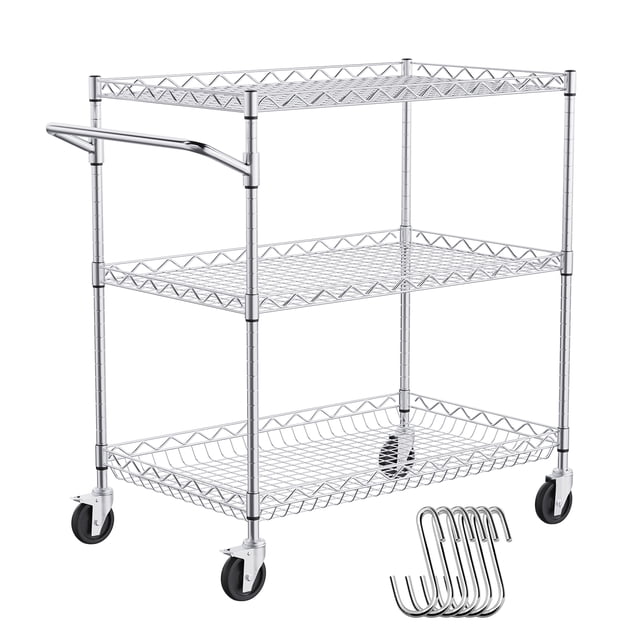 Chariot Utilitaire de Cuisine VEVOR, 3 Niveaux, Capacité de 661 lb, Chariot Roulant en Fil Métallique avec Panier de 80 mm de Profondeur, Poignée Courbée, Chariot Roulant en Fil Métallique Chromé Orienté vers l'Avant à Trois Niveaux avec Tablettes à Grille Ventilées Ajustables et Paniers à Rebord Surélevé de 80 mm de Profondeur, Poignée Courbée et six Crochets Suspendus, Quatre Roulettes Silencieuses de 4 Pouces avec Verrou Arrière, Colonnes Épaissies de 19 mm; Capacité de 30 Pouces x 18 Pouces x 32,4 Pouces;